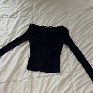Navy Blue Ribbed Long Sleeve Boatneck Top